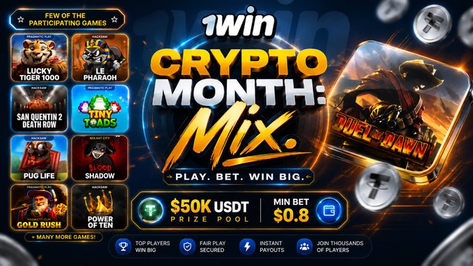 A promotional banner for 'Crypto Month: Mix' by 1win featuring games like 'Lucky Tiger 1000,' 'San Quentin 2,' 'Pug Life,' 'Gold Rush,' and 'Duel at Dawn,' with a $50K USDT prize pool.