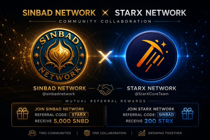 The image is a promotional graphic announcing a community collaboration between Sinbad Network (@sinbadnetwork) and StarX Network (@StarXCoreTeam), featuring their respective logos connected by an "X" symbol. It highlights a mutual referral rewards program where users can join Sinbad using referral code "STARX" to receive 5,000 SNBD, or join StarX using referral code "SINBAD" to receive 200 STRX, with the tagline "Two Communities, One Collaboration, Growing Together."