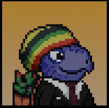 A pixel art character resembling a blue anthropomorphic figure wearing a Rastafarian-colored beanie and a suit.