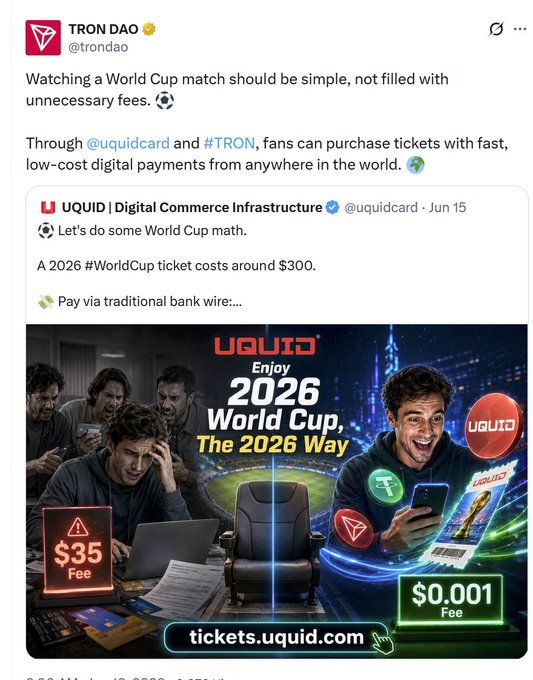 The image shows a screenshot of a social media post promoting a soccer match between the World Cup 2020 and the 2026 edition by UQUID. The post emphasizes the importance of connecting fans worldwide, which aligns with the goal of efficient payments for international events like the World Cup. It also highlights how users can utilize UQUID to make quick and secure online transactions, removing the need for traditional transfer costs. This post showcases a strong connection between soccer and technology as well as the benefits of using UQUID for fans worldwide.