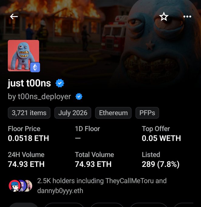 An OpenSea listing page for the 'just t00ns' NFT collection on Ethereum, showing 3,721 items, a floor price of 0.0518 ETH, 2.5K holders, and a blue monster character with sharp teeth.