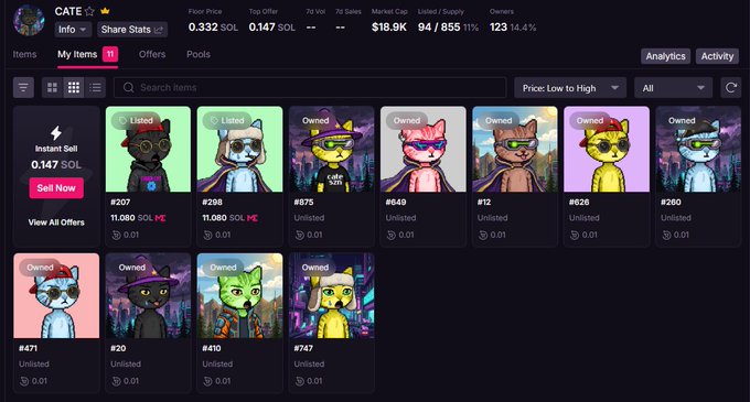 The image shows a Magic Eden NFT collection page for "CATE" on Solana, displaying 11 items with a floor price of 0.332 SOL and a market cap of $18.9K, where the user owns #575, #649, #12, #626, #200, #471, #29, #410, and #747. This relates to the accompanying post by showing the user's owned CATE NFTs, supporting their claim about minting the collection for free as the floor is now 0.3 SOL.