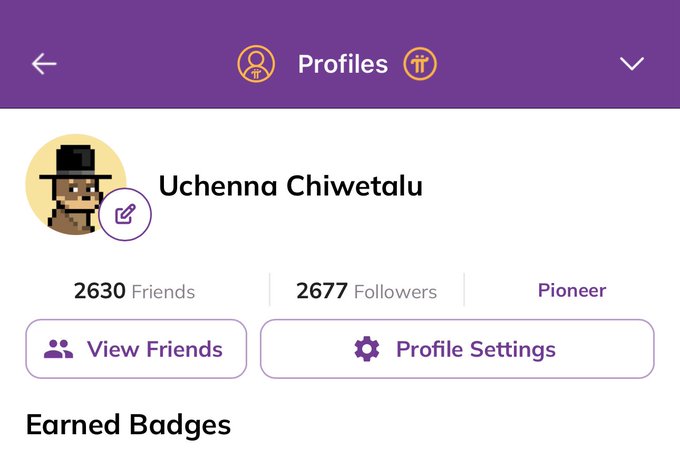A screenshot of a Pi Network profile page for "Uchenna Chiwetalu" showing 2630 friends, 2677 followers, and a "Pioneer" status, prompting users to share their Pi usernames to network with other active Pioneers.