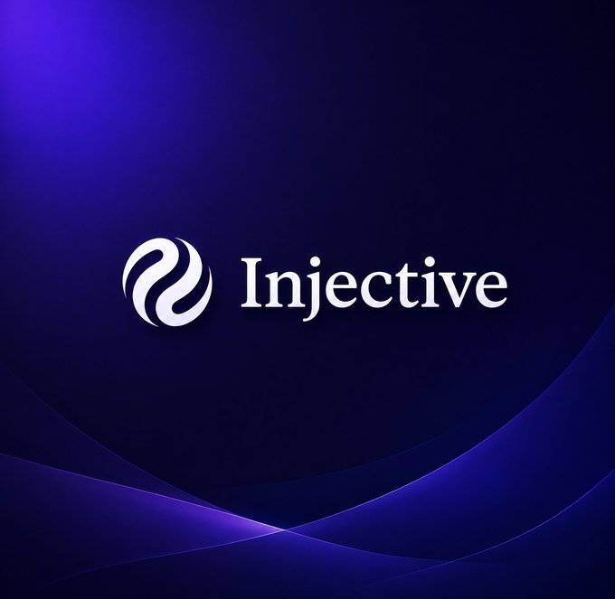 A logo featuring a stylized white 'e' or swirl symbol next to the word 'Injective' displayed on a dark purple background with curved wave patterns.