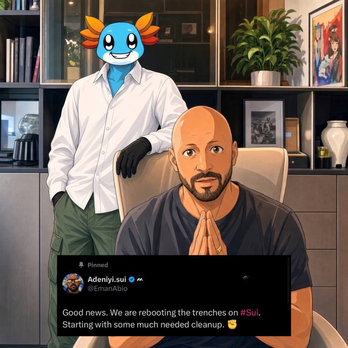 An anime-style illustration shows a bald man at a desk with a blue axolotl-like character behind him, overlaid with a pinned tweet from @EmanAbio stating 'Good news. We are rebooting the trenches on #Sui. Starting with some much needed cleanup.'