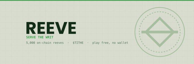 A "REEVE – SERVE THE WRT" promotional banner with 5,000 on-chain reeves, $TITHE ticker, and a "play free, no wallet" tagline appears alongside a giveaway post offering 10 GTD spots for @Reevewrld, tying the project's branding to the Web3 giveaway promotion.