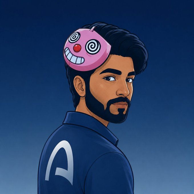 A cartoon illustration of a bearded man wearing a pink swirl-eyed mask, dressed in a blue shirt with a white logo.