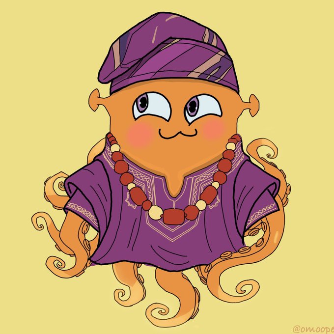 A cute cartoon octopus wearing a purple robe, purple headwrap, and a beaded necklace on a yellow background.