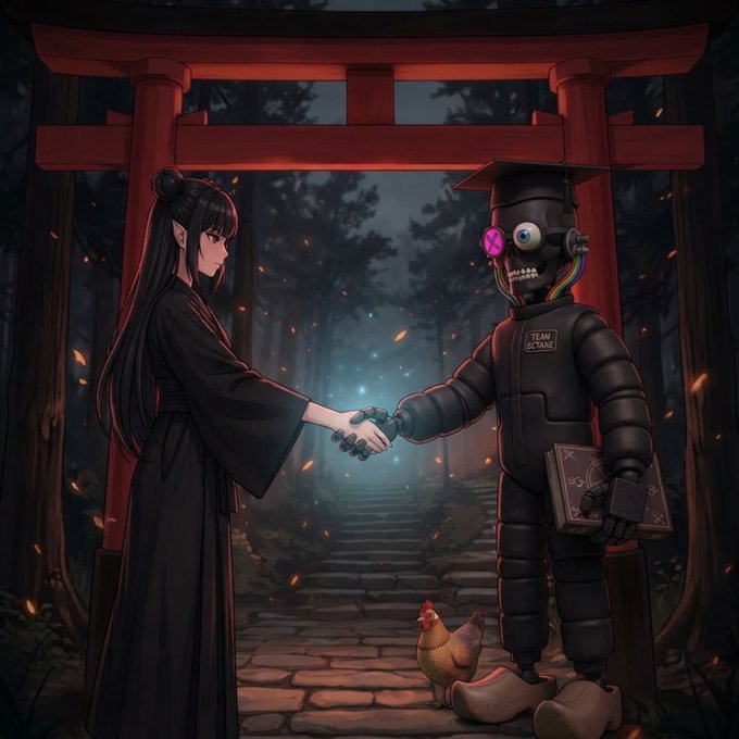 An anime-style illustration shows a woman in a black kimono shaking hands with a robot wearing a graduation cap and a jacket labeled 'TEAM OCTANE' in front of a red torii gate.