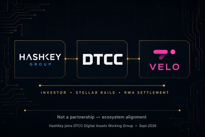 The image presents a three-box graphic connecting HashKey Group, DTCC, and Velo with the label "INVESTOR • STELLAR RAILS • RWA SETTLEMENT," captioned "Not a partnership — ecosystem alignment" and noting "HashKey joins DTCC Digital Assets Working Group • Sept 2026." It visually frames the post's central argument: while HashKey's DTCC membership is portrayed as ecosystem alignment rather than a direct partnership, the infographic highlights overlapping threads—HashKey Capital's investment in Velo and Velo's settlement on Stellar, the public chain DTCC selected for tokenized securities.