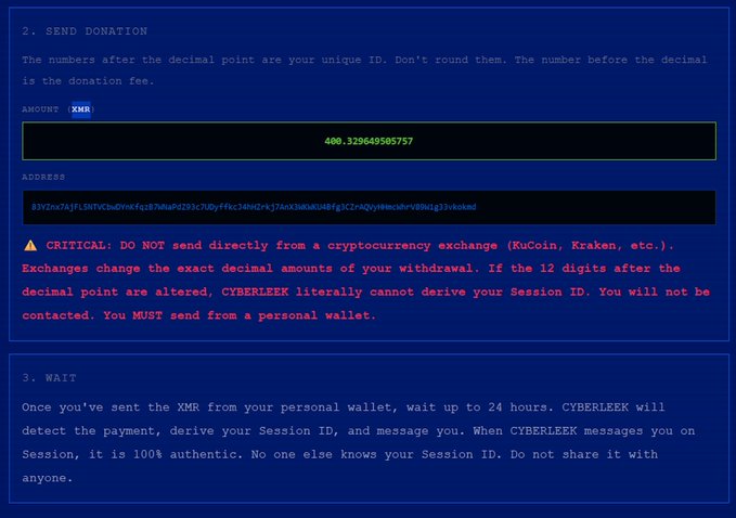 A screenshot from the "Cyberleek" GTA hacker contact system displays instructions to send a donation of exactly 400.329649505757 XMR to a Monero address, warning users not to send from cryptocurrency exchanges like KuCoin or Kraken due to altered decimal amounts, and to wait up to 24 hours for a Session ID reply—exemplifying the ironic "use case" of crypto being exploited for underground game cheat advertising, as the post suggests.