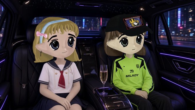 Two anime-style chibi characters sit in the back of a luxurious car interior with a starlight headliner and ambient purple lighting, one wearing a black cap with a "M" logo and a neon green "MILADY" jersey, the other in a sailor uniform with a pink bow, while a glass of champagne rests in the center console—capturing the "midnight maybach milady" vibe of a glamorous nighttime ride.