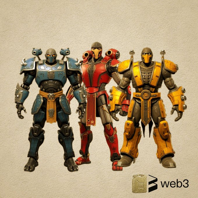 The image features three robot figures standing next to each other against a beige background. The robots are dressed in armor and have weapons attached to their backs. They appear to be part of a fighting game, as indicated by the Web3 logo at the bottom right corner of the image.