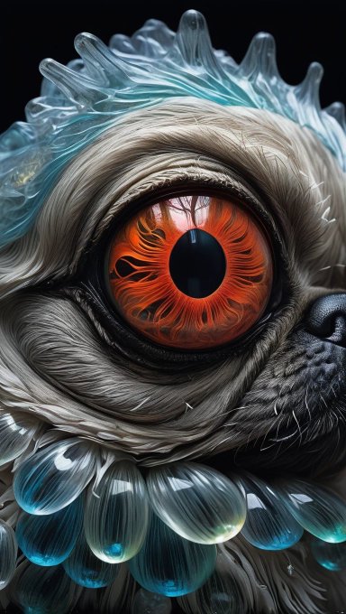 A hyper-detailed close-up of a pug's eye features a striking red-orange iris and is framed by surreal, translucent blue-green crystal-like fur formations that echo the icy, prismatic aesthetic of the "Pugart #111" NFT, visually conveying the message that even when unseen, the artwork's watchful gaze is always present.