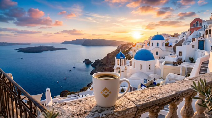 A scenic view of Santorini, Greece, featuring iconic blue-domed churches overlooking the sea at sunset, with a Binance-branded coffee mug placed in the foreground on a stone ledge.