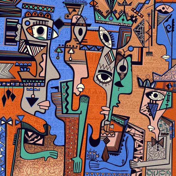 A colorful abstract painting in a cubist style featuring multiple fragmented faces, eyes, and geometric patterns in orange, blue, green, and black tones.