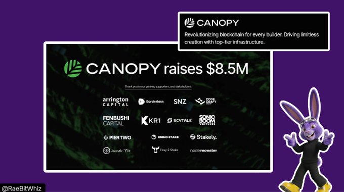 Canopy raises $8.5M from investors including Arrington Capital, Borderless Capital, SNZ, Coinbase Ventures, Fenbushi Capital, KR1, SC Ventures, Pier Two, Rhino Stake, Stakely, Easy 2 Stake, node monster, and Sonic, with their tagline "Revolutionizing blockchain for every builder, Driving limitless creation with top-tier infrastructure."