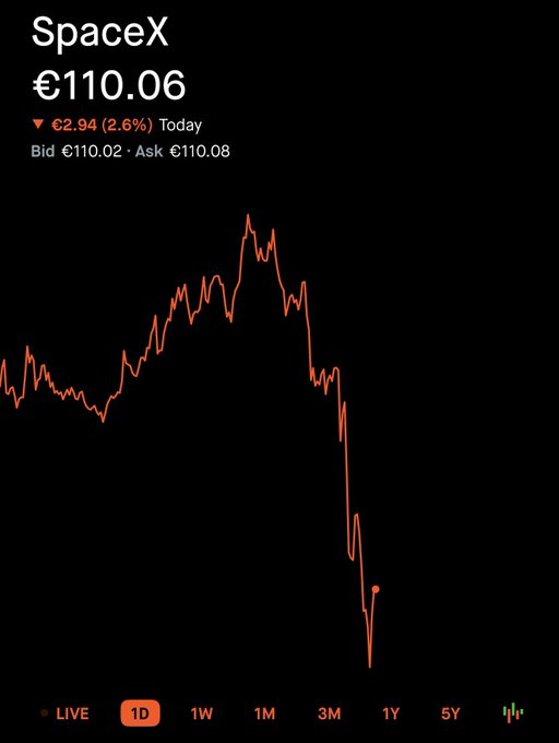 A stock chart for SpaceX (€110.06) shows a sharp intraday decline of €2.94 (2.6%), with the price climbing early before plunging steeply in the afternoon—visually illustrating the "dumping" the user is asking about, though no clear reason is shown on the chart itself.