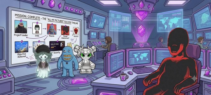 A cartoon-style control room scene shows various characters, including a ghost, blue monster, robot, and red shadowy figure, standing before a presentation board reading 'MISSION COMPLETE - THE "ALL MY PICTURES" SUCCESS TIMELINE' with charts showing project leadership and objectives.