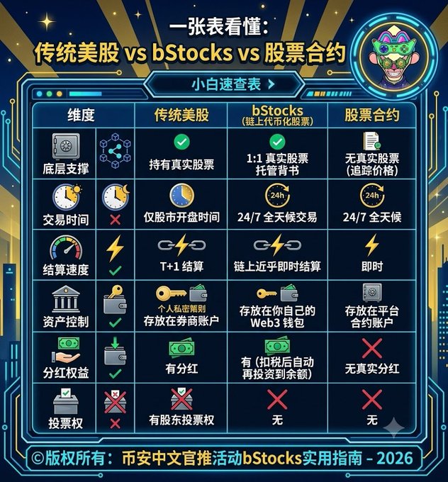 A Chinese-language infographic titled '一张表看懂: 传统美股 vs bStocks vs 股票合约' comparing traditional US stocks, bStocks, and stock contracts across dimensions like trading hours, settlement speed, asset control, dividends, and voting rights.