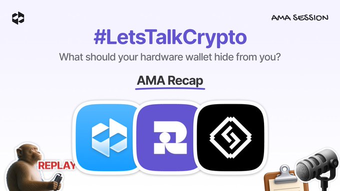 The image is a promotional graphic for an "AMA Recap" titled "#LetsTalkCrypto: What should your hardware wallet hide from you?" featuring the logo of TalksDay in the top right corner and the icons of participating projects Era Wallet, Ryder, and LetsExchange, along with microphone, clipboard, and monkey-with-phone illustrations labeled "REPLAY." The graphic visually supports the post by showcasing the brands (Era Wallet, Ryder, LetsExchange) and topics from the AMA discussion about hardware wallets and transaction transparency.