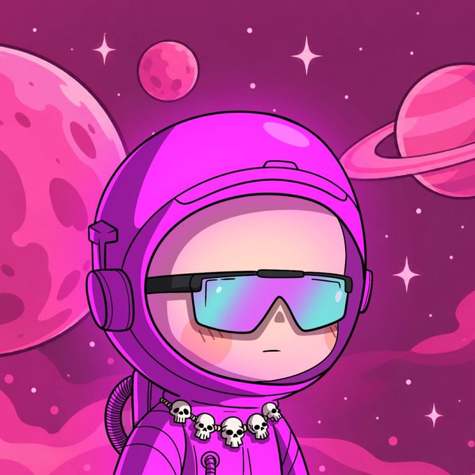 A cute cartoon astronaut in a purple suit with reflective blue sunglasses and a skull necklace floats against a vibrant pink cosmic backdrop featuring planets, moons, and stars—appearing to be a one-of-a-kind NFT artwork from the @boymeetsh00d collection.