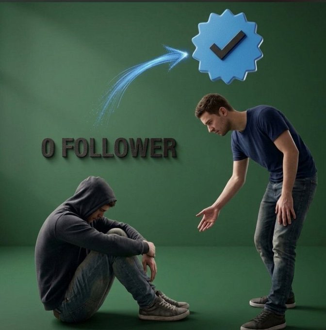 The image features two men sitting next to each other against a green background. One man has his hand outstretched towards the other man who is seated. The text "O Follower" is written above them, indicating that they are connected through social media or an online platform.
