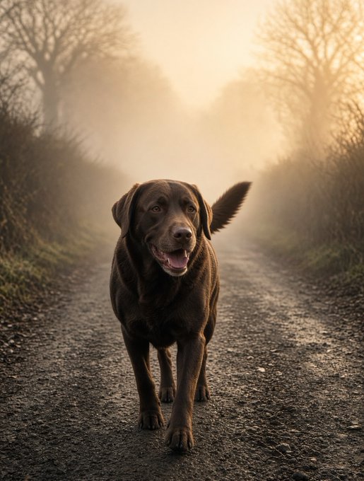 A chocolate Labrador retriever walks happily down a foggy gravel path at sunset.