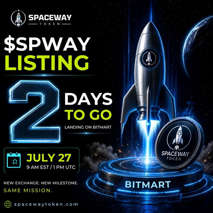 A promotional graphic for $SPWAY (Spaceway Token) listing on Bitmart, featuring a rocket launching into space with text: "2 DAYS TO GO," July 27 at 9 AM EST/1 PM UTC, and the tagline "NEW EXCHANGE. NEW MILESTONE. SAME MISSION."