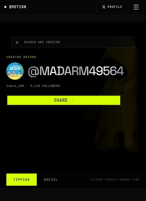 A screenshot of the '$MOTION' app interface displays a creator profile for '@MADARM49564' with '5,128 FOLLOWERS' and buttons labeled 'SHARE' and 'TIPPING'.