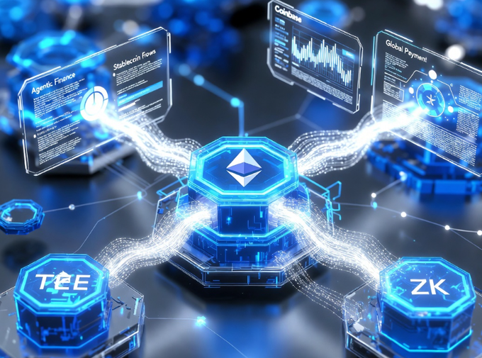 A futuristic digital visualization centers on an Ethereum logo surrounded by glowing blue hexagonal nodes labeled "TEE" and "ZK," connected by flowing data streams, with holographic panels displaying "Agentic Finance," "Stablecoin Flows," "Coinbase," and "Global Payment." The image visually represents the post's description of Base's Azul upgrade, highlighting how the blending of Trusted Execution Environment (TEE) and zero-knowledge proofs enhances the Ethereum Layer 2 network's infrastructure and cross-chain capabilities.