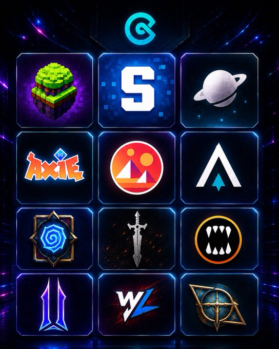 A dark, neon-bordered digital menu or game board featuring a 4x3 grid of icons, including an island, the letter 'S', Saturn, Axie Infinity, a mountain logo, a spiral, a sword, sharp teeth, a bridge, the letters 'WL', and a bow and arrow.