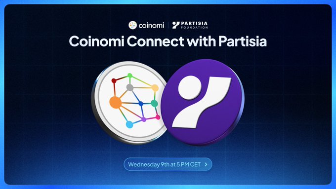 A promotional banner for 'Coinomi Connect with Partisia' featuring the Coinomi and Partisia Foundation logos side by side on a dark blue background, with the event scheduled for 'Wednesday 9th at 5 PM CET.'