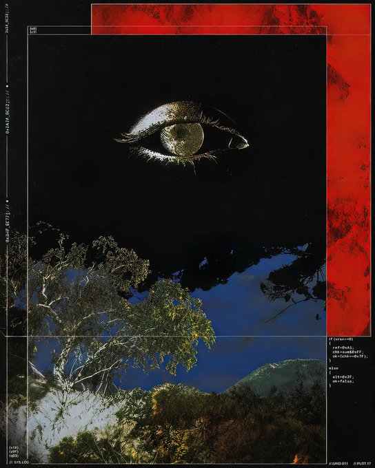 A dark, artistic collage features a realistic eye at the top center, set against a black sky with trees and mountains below, framed by a red border with small text.