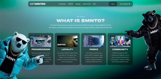 A webpage for 'GETMINTED' explaining '$MNTD' as an MNT ecosystem token, detailing benefits in 'Progression,' 'Loyalty,' 'Perks,' and 'Community' between images of anthropomorphic bears wearing MINT merchandise.