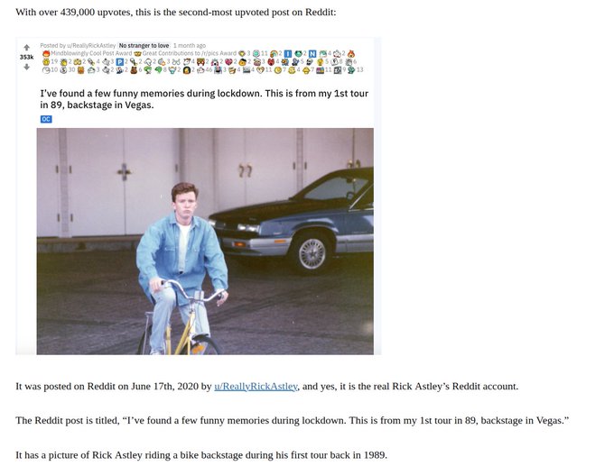 The image shows the second-most upvoted Reddit post with over 439,000 upvotes, posted by u/ReallyRickAstley on June 17th, 2020, featuring a photo of Rick Astley riding a bike backstage during his 1989 tour in Vegas. The post cleverly references the $RDDT ticker, as Rick Astley's iconic "Never Gonna Give You Up" music video is famous for the "Rickroll" internet meme, connecting the ticker symbol to the legendary prank.