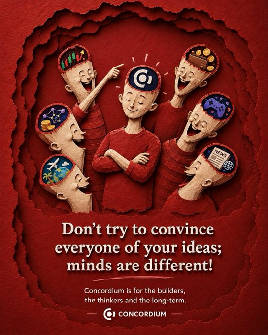 An illustrated promotional poster on a red, torn-paper background features figures with icons in their heads and reads 'Don't try to convince everyone of your ideas; minds are different! Concordium is for the builders, the thinkers and the long-term.'
