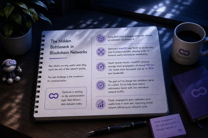 A stylized marketing image for Optimism, displayed on a spiral notebook, detailing 'The Hidden Bottleneck in Blockchain Networks' with bullet points about mumP2P achieving ~6x faster block propagation and up to 95% less bandwidth.