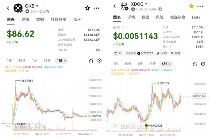 The image shows two charts, one of which displays a price chart for OKX against another chart that shows a stock chart with the word "DOG" written on it. The first chart has a green line indicating the price of OKX over time, while the second chart displays a color-coded graph showing the value of DOG over time. Both charts are set against a brown background and have dollar signs in front of them to indicate their monetary nature.