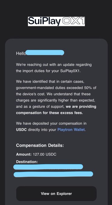 A mobile notification from SuiPlayOX1 announcing a compensation of 127.00 USDC deposited into a Playtron Wallet for excess import duties.