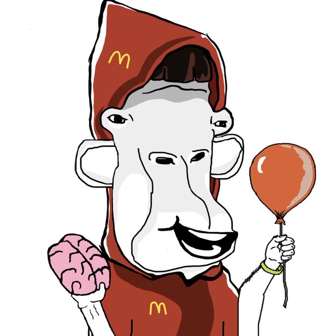 Cartoon illustration depicting a stylized face wearing a McDonald's-branded red hood and robe, holding a pink brain in one hand and a brown balloon in the other.