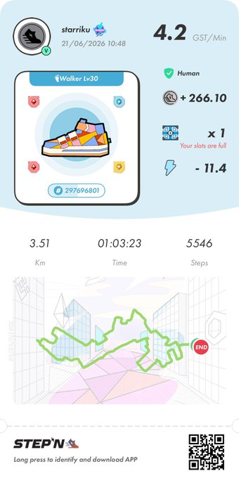 The image shows a step tracking app with a map of a city, which displays the user's progress through various landmarks such as buildings and streets. The app also provides information about the distance traveled and calories burned during each step taken. The post is titled "StepN" and has been shared by someone named "stepn".