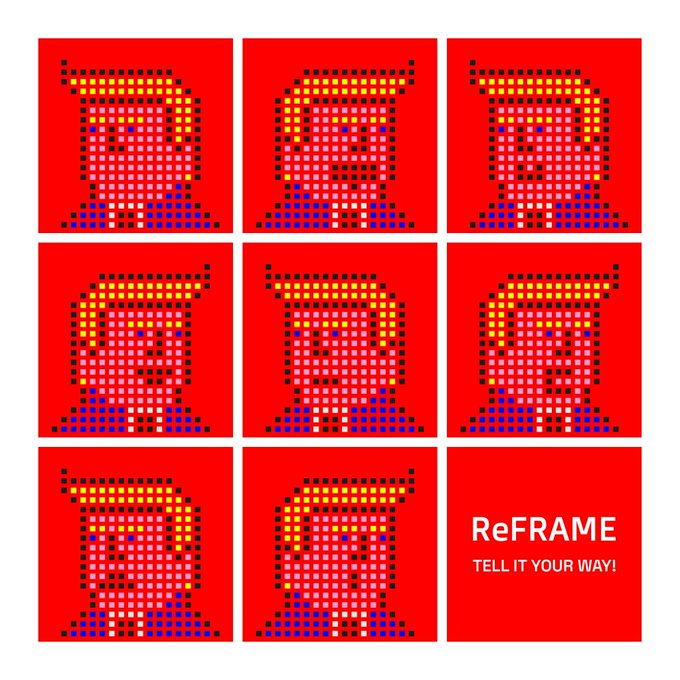 The image features a red square with a cartoon-like depiction of Donald Trump, who has blonde hair and a blue suit. The squares are arranged in a grid pattern, creating an interesting visual effect. Below this image, there's text that reads "Reframe Tell it your way!"