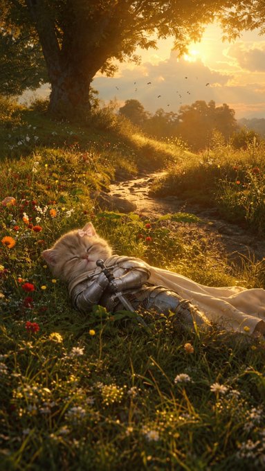 A digital artwork depicts a small kitten wearing silver armor and a cape, sleeping peacefully in a sunlit grassy field filled with wildflowers beneath a large tree.
