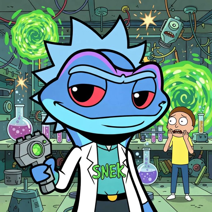A cartoon blue lizard-like character wearing a white lab coat and a green shirt reading 'SNEK' holds a futuristic gun in a laboratory with green portals and flasks, while a surprised boy in a yellow shirt watches in the background.