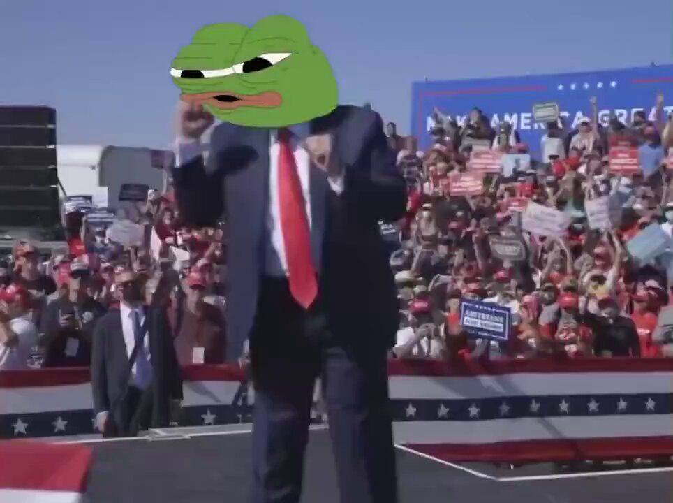 The image features a man dressed as a frog, wearing a suit and tie, standing in front of an audience at a political event. The crowd surrounding him appears to be engaged and excited about the event. The caption for the image reads "$Pepe is Making Memecoins Great Again @pepecoineth". This phrase refers to the man dressed as a frog being associated with a political campaign or movement, possibly related to the 2016 presidential election.

The image also includes several signs in the background that read "@pepecoineth" and "Make memecoins great again", which could be part of the event's theme or message. The overall atmosphere suggests an interesting and engaging event where people are enjoying themselves while supporting a political cause.