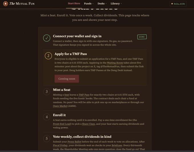 A screenshot of a webpage titled 'The Mutual Fund' showing instructions for joining, with steps including 'Connect your wallet and sign in', 'Apply for a TMF Pass', 'Mint a Seat', 'Enroll it', and 'Vote weekly, collect dividends in kind'.