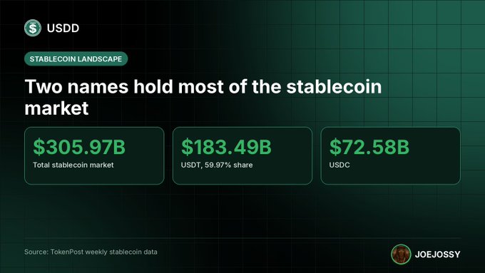 An infographic titled 'Two names hold most of the stablecoin market' showing USDD token data: total stablecoin market of $305.97B, USDT at $183.49B (59.97% share), and USDC at $72.58B, sourced from TokenPost weekly data by JoeJossy.
