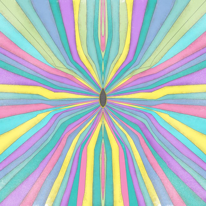 A symmetrical, hand-drawn radial burst in pastel watercolor hues (yellow, pink, teal, and purple) emanates from a small dark oval at the center, creating an eye-like focal point that mirrors the uplifting sentiment "you are not alone" from the post.