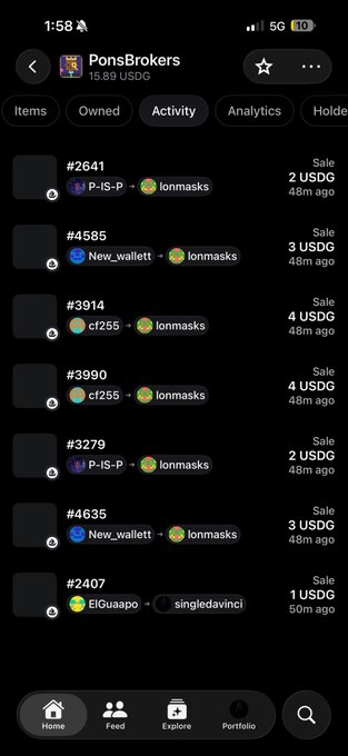 The image shows a mobile screenshot of a PONS BROKERS Activity tab displaying 7 USDC sales of various NFTs (including items #2641, #4585, #3914, #3990, #3279, #4635, and #2407) at 2: 3, or 4 USDG each, mostly with "lonmasks" sellers from about 48 minutes ago. The caption relates to the post's mention of being "first to buy secondary," as the image illustrates secondary market trading activity where these NFTs were resold rather than minted directly.